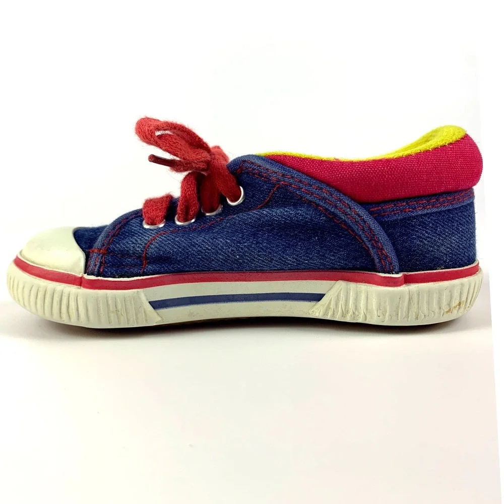 VTG Circo Denim Shoes‎ Toddler 7.5 Embroidered Trains Primary Colors Blue Red